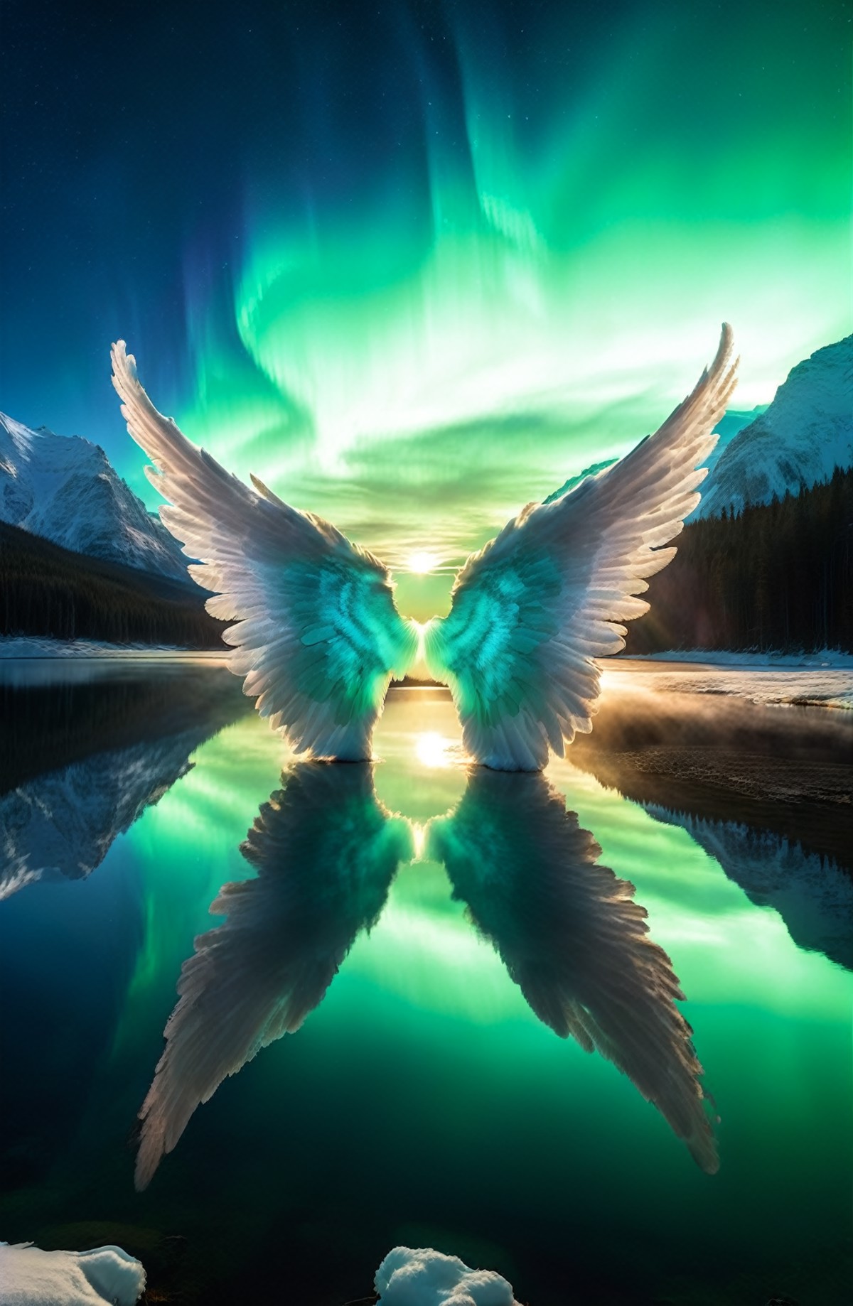 Cyan Aurora Angel Wings in the Sky, Lake, Real, HD, Ultra Wide Angle, panoramic, Ultra HD, 8K, lifelike, high pixel, crack...